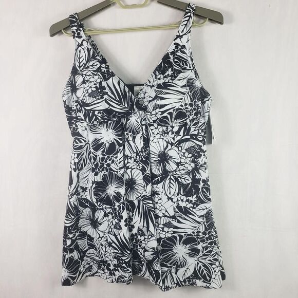 Swim Solutions Swimdress Womens 18W Black White Floral One Piece Tummy Control - Picture 3 of 16